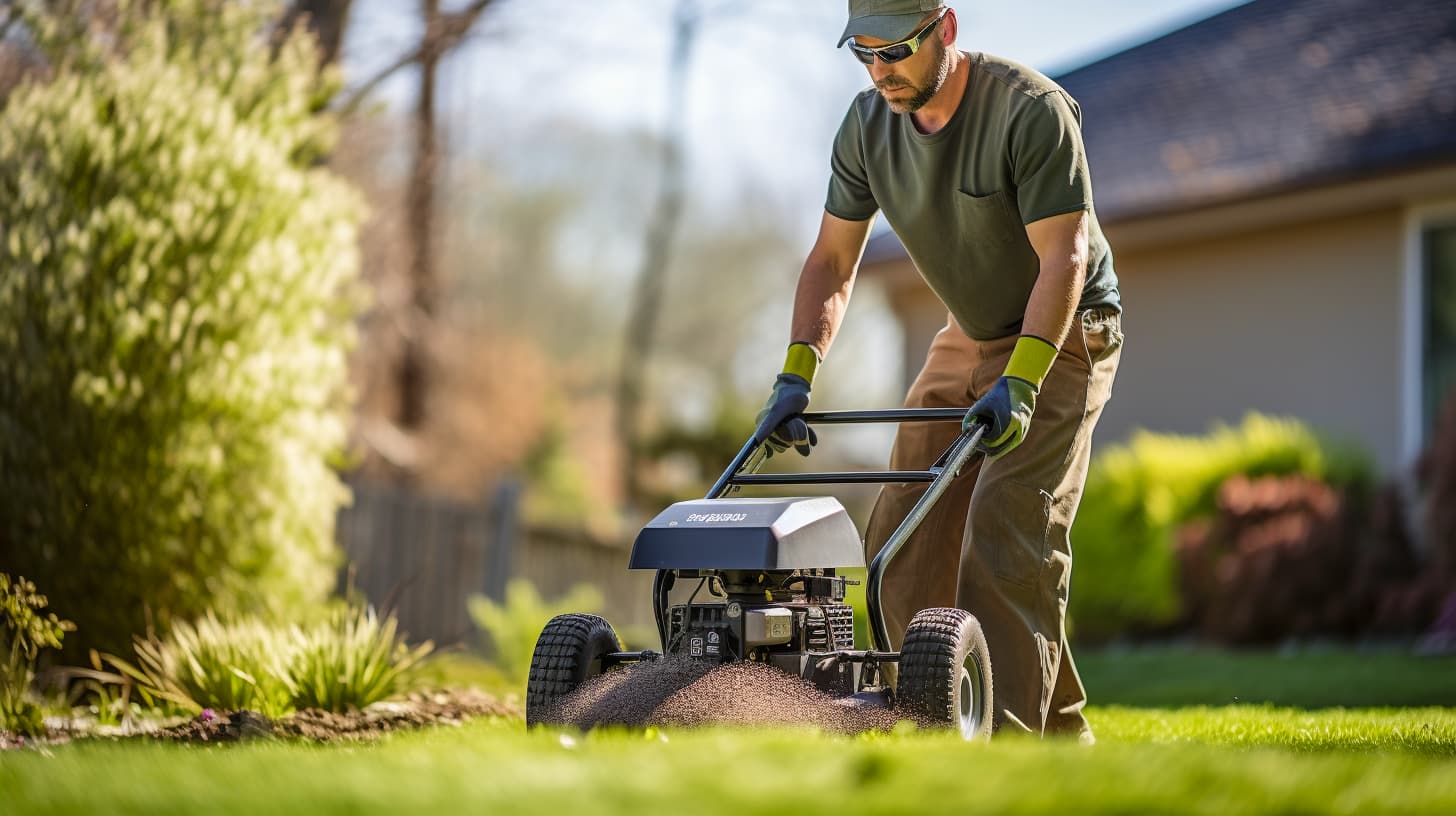 man with seeding machine working on lawn