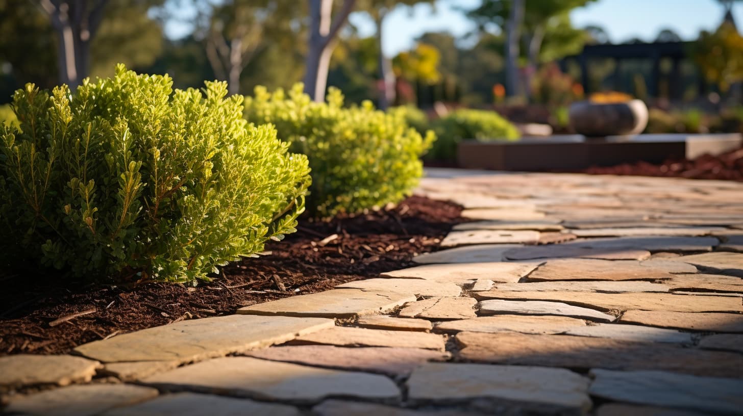 Closeup of walkway with landscaped bushes on the side